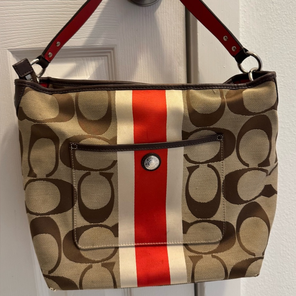 Coach Tan and Red Signature Stripe Shoulder Bag